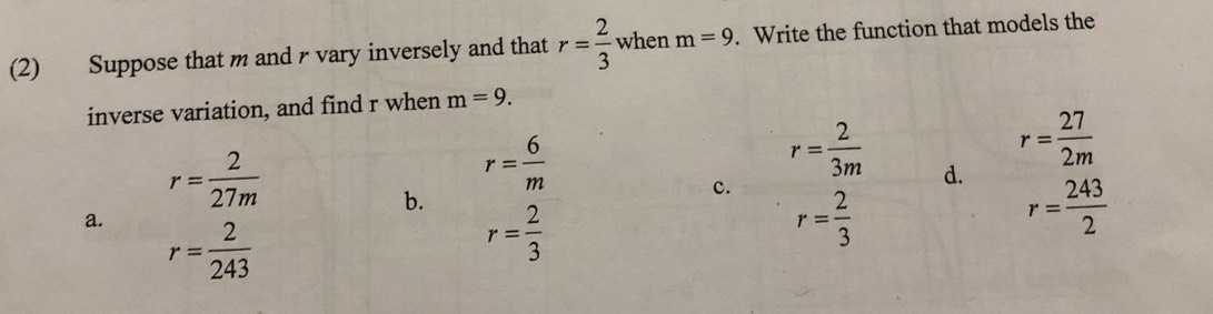 Suppose that \( m \) and \( r \) vary inversely an...