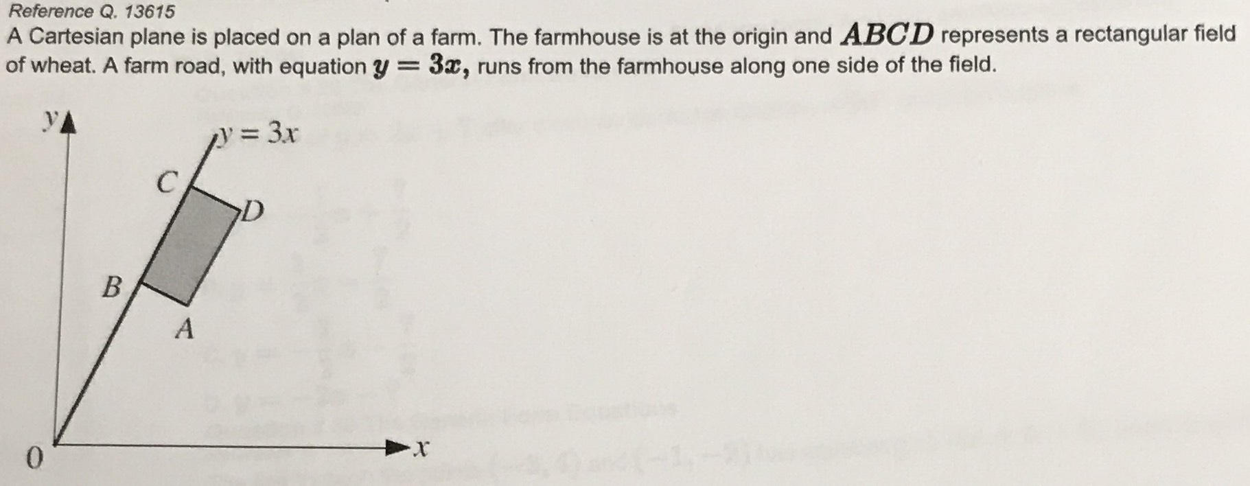 A Cartesian plane is placed on a plan of a farm. T...