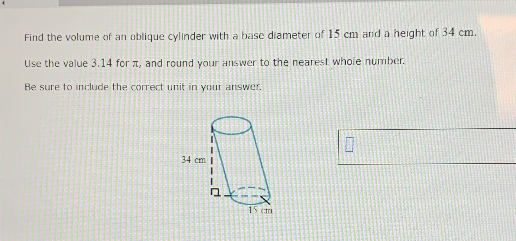 Find the volume of an oblique cylinder with a base cameramath