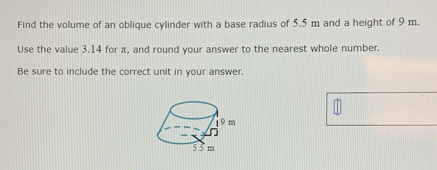 Find the volume of an oblique cylinder with a base cameramath