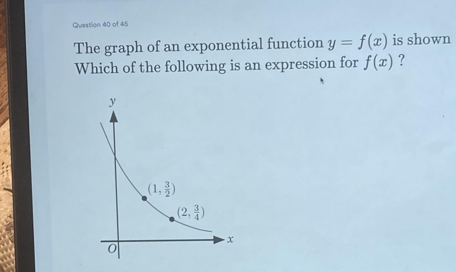 The graph of an exponential function \( y = f ( x ...