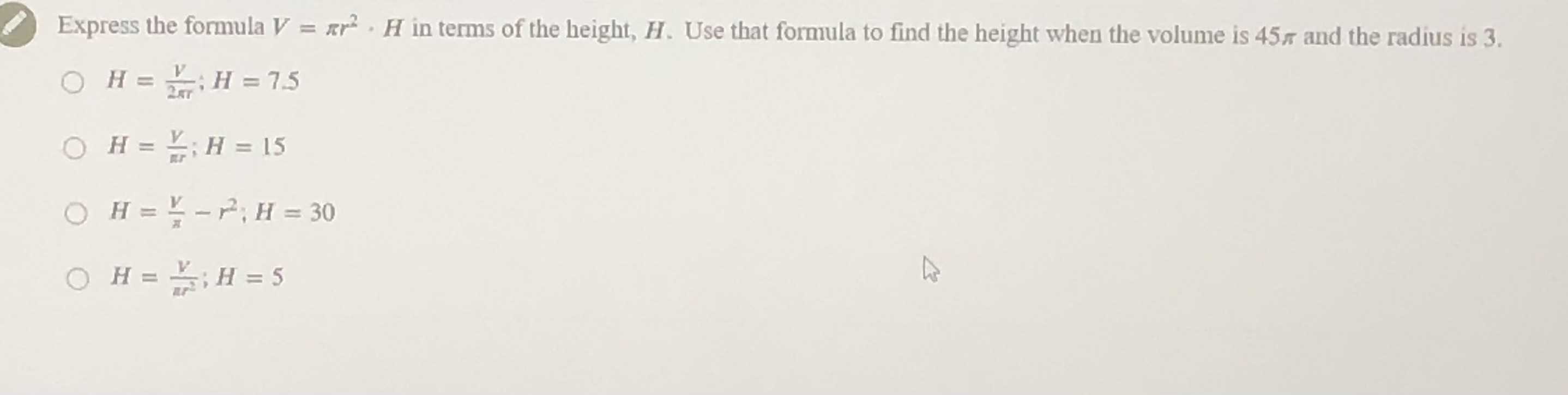 Express the formula v pi r 2 h in cameramath