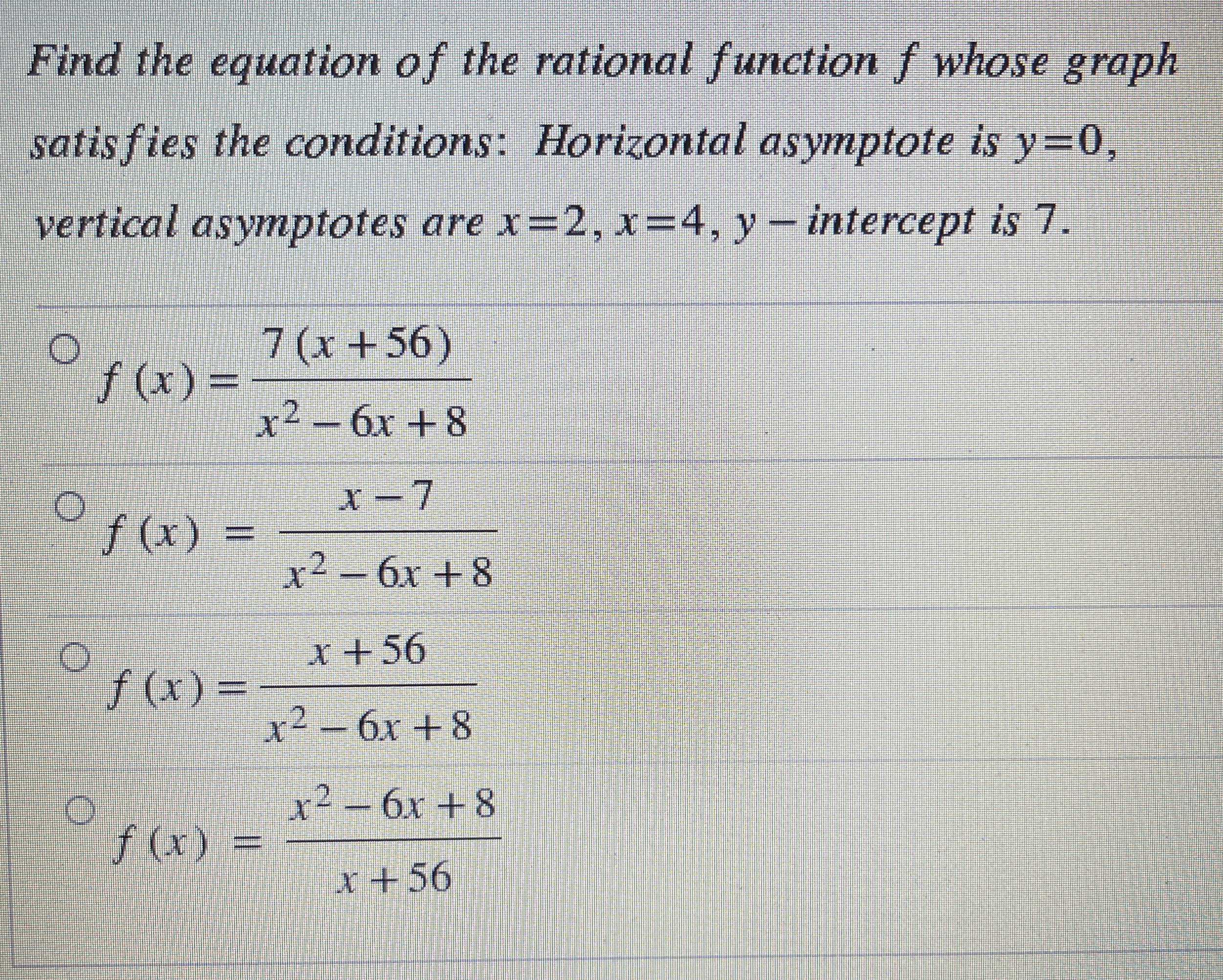 Find the equation of the rational function \( f \)...