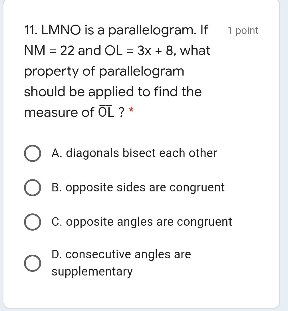 11. LMNO is a parallelogram. If \( N M = 22 \) and...