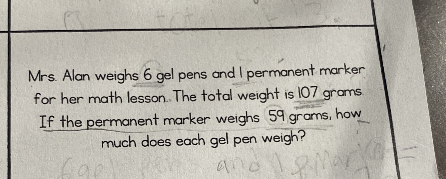 Mrs. Alan weighs 6 gel pens and l permanent marker for her math lesson