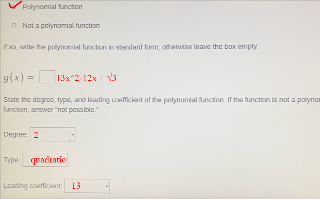 Determine whether g(x)=sqrt312x+13x^2 is a polynomial function