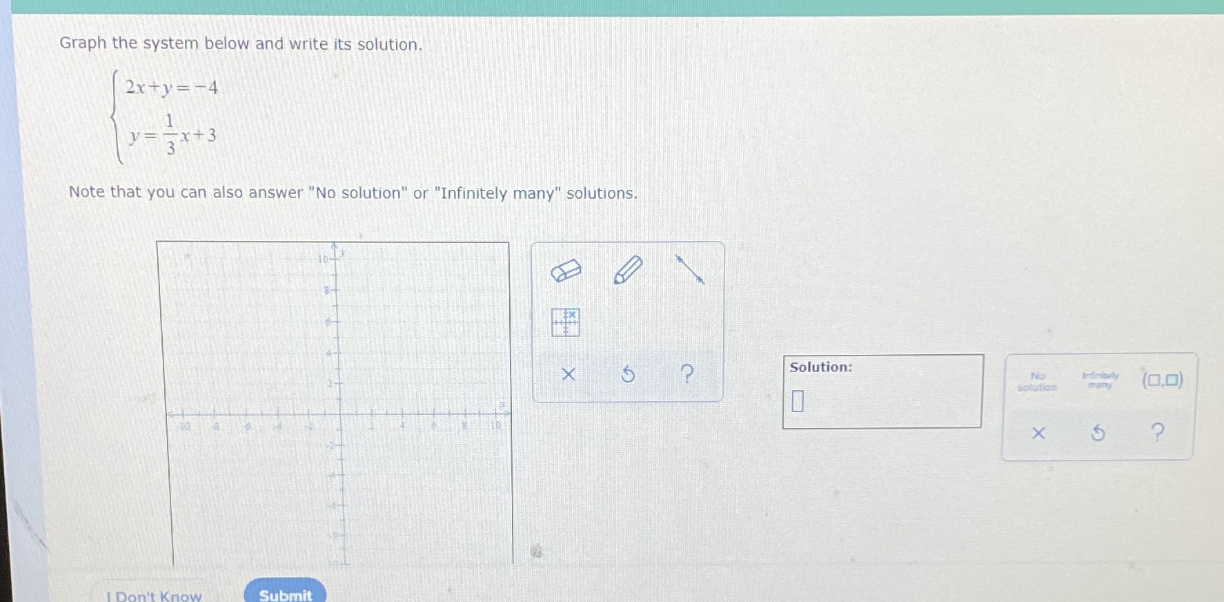 Graph the system below and write its solution. \(\...
