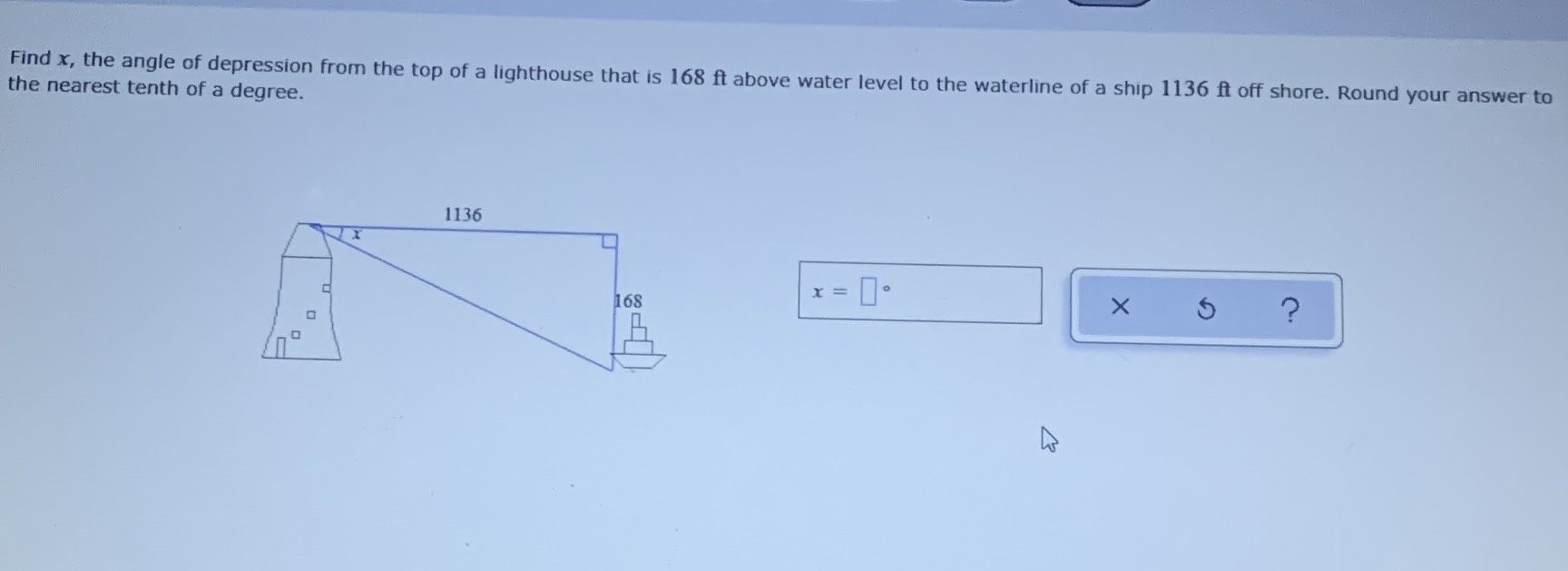 Find \( x \) , the angle of depression from the to... CameraMath