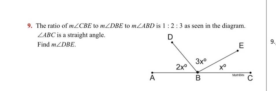 9. The ratio of \( m \angle C B E \) to \( m \angl...
