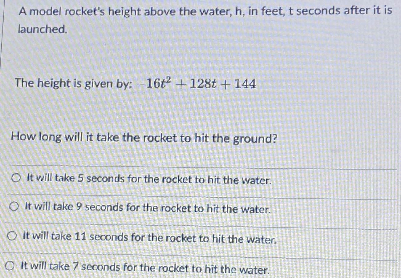 A model rocket's height above the water, \( h \) ,...