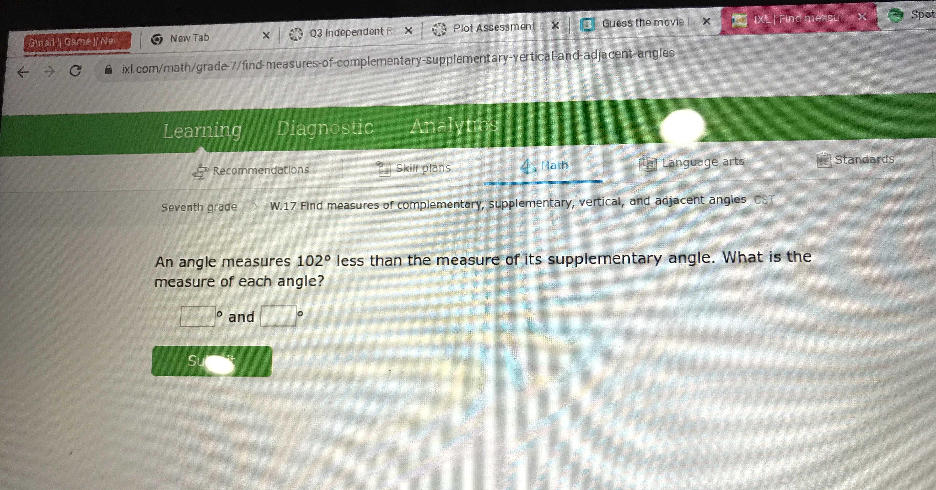 An angle measures \( 102 ^ { \circ } \) less than CameraMath
