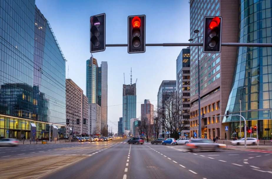 Traffic red light at the intersection